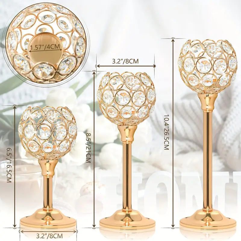 3pcs Crystal Candle Holder, Golden Candlestick Decorative Tealight