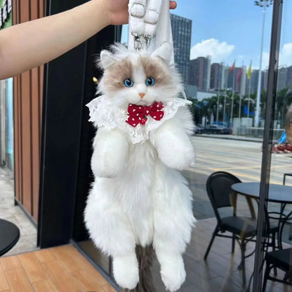 Plush Cat Backpack with Lace Collar & Bow