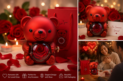 Red Teddy Bear with Rose in Glass Dome | Romantic Gift for Her