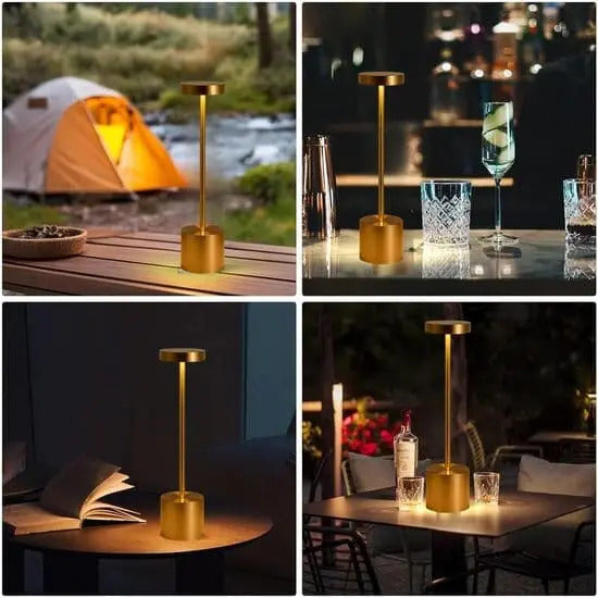 Collage of a gold outdoor lamp in various settings including camping, dining, and reading.