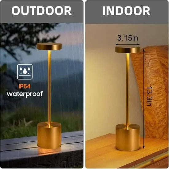Gold outdoor and indoor lamp with waterproof label and dimensions shown.