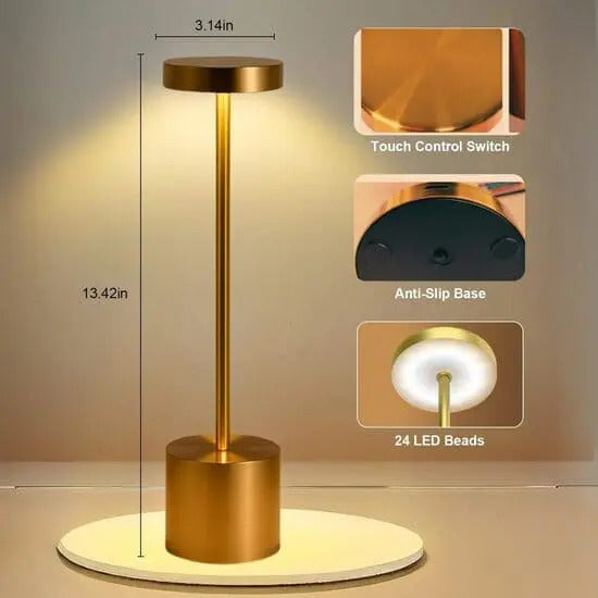 Gold table lamp with measurements and features on a neutral background