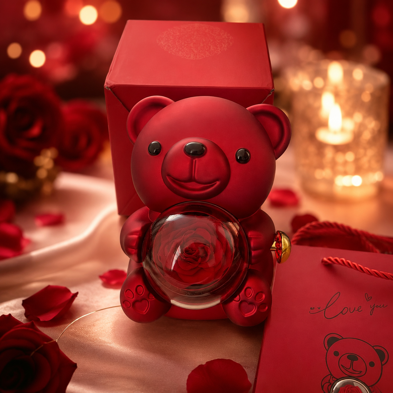 Luxury red teddy bear holding rose in glass dome with romantic gift bag and rose petals