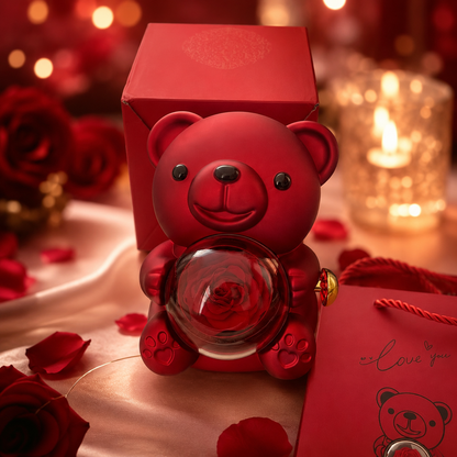 Luxury red teddy bear holding rose in glass dome with romantic gift bag and rose petals