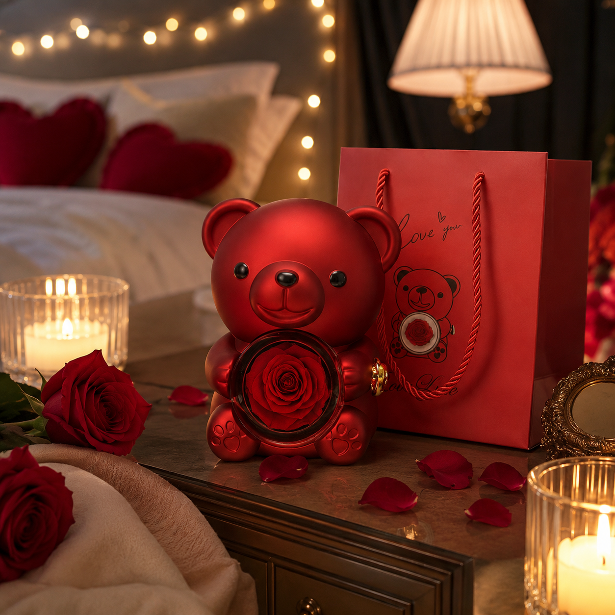 Red Teddy Bear with Rose in Glass Dome | Romantic Gift for Her