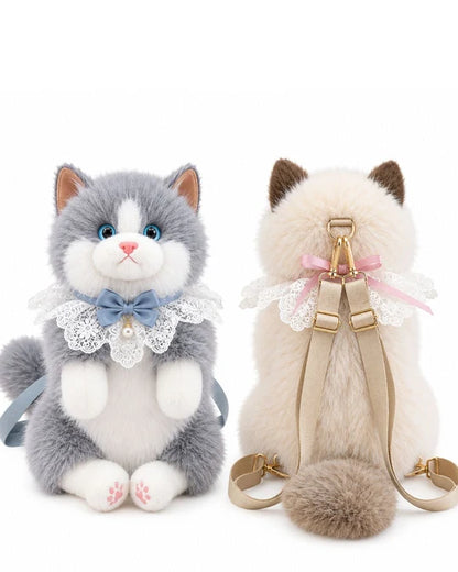 Plush Cat Backpack with Lace Collar & Bow