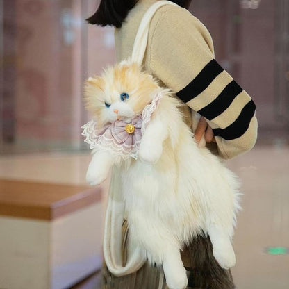 Plush Cat Backpack with Lace Collar & Bow