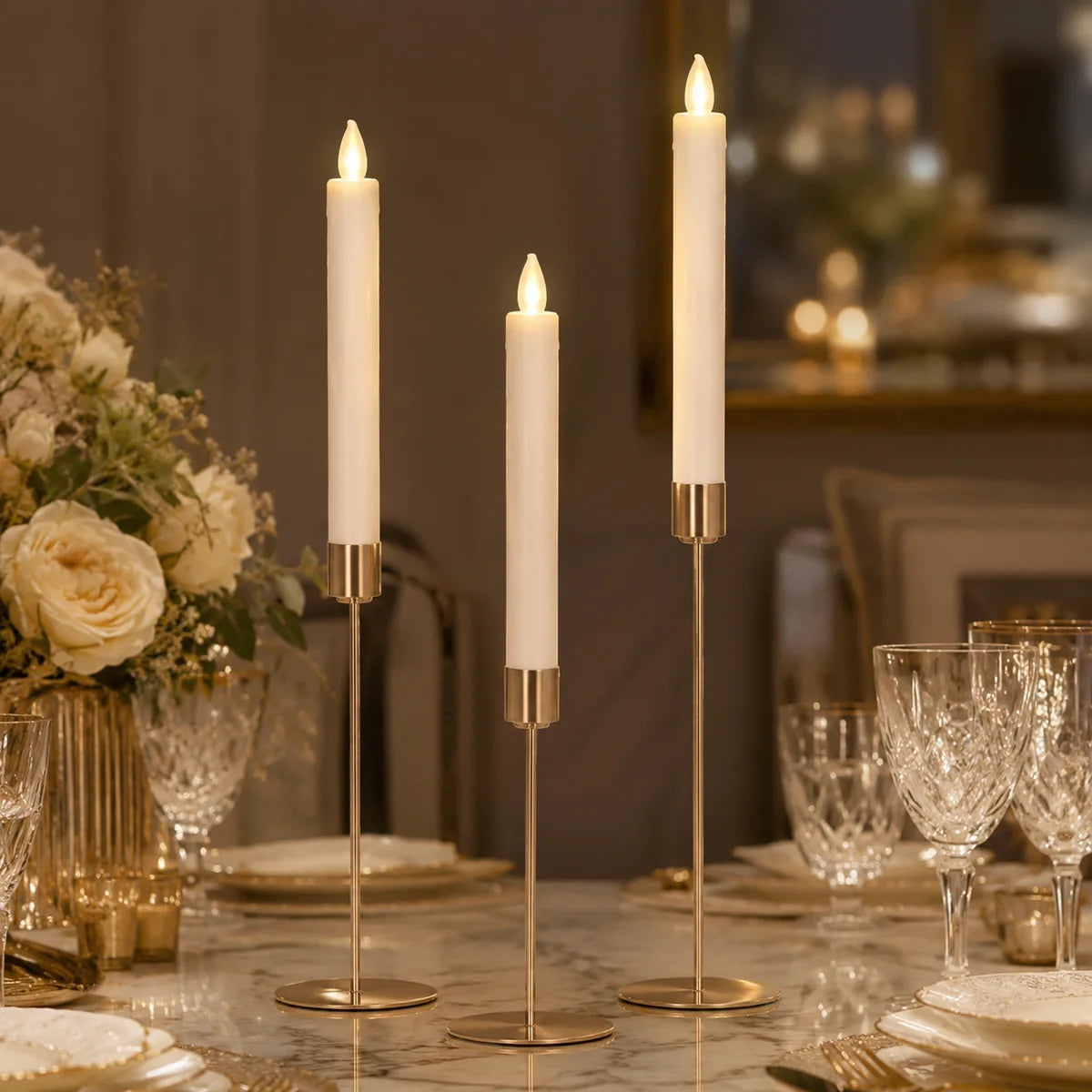 Luxury Gold Candle Holder Set of 3 with Artificial LED Candles – Home, Dining Table & Wedding Décor