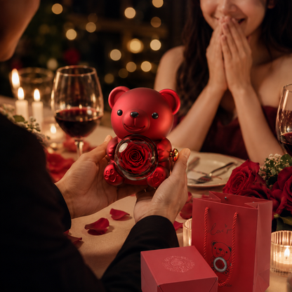 Red Teddy Bear with Rose in Glass Dome | Romantic Gift for Her