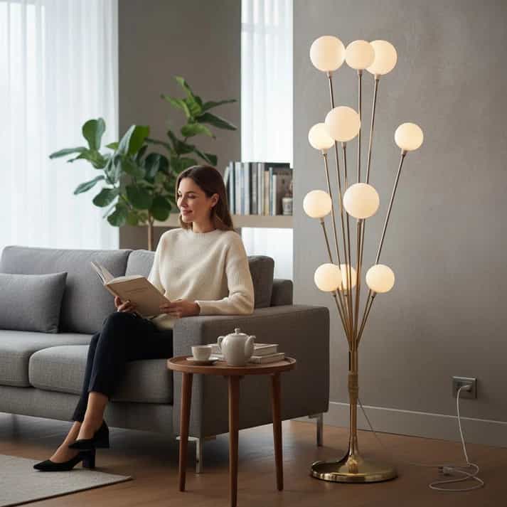 Warm white LED ball floor lamp with golden stand for home, bedroom, wedding and event decoration