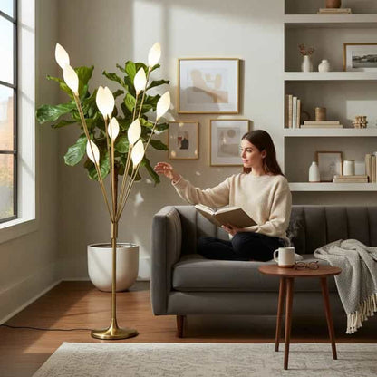 Warm white LED leaf floor lamp with golden stand for home, bedroom, wedding and event decoration