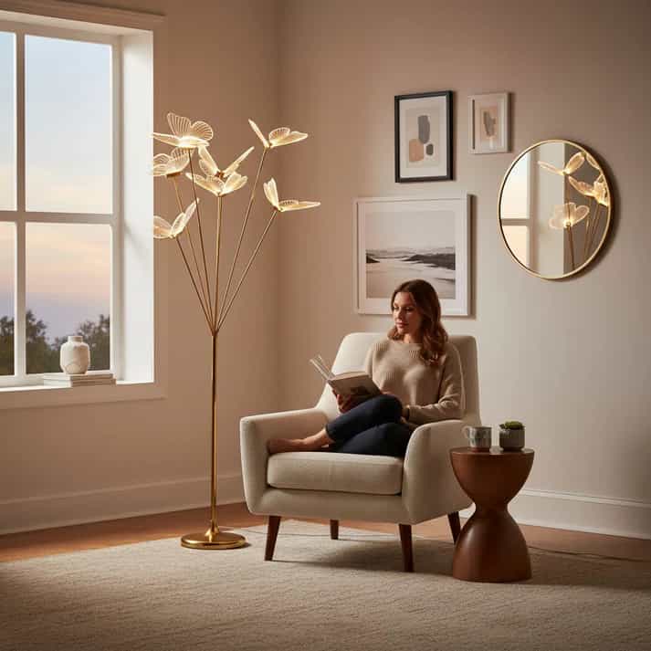 Warm white LED butterfly floor lamp with golden stand for home, bedroom, wedding and event decoration