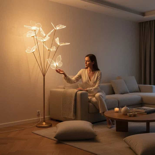 Warm white LED butterfly floor lamp with golden stand for home, bedroom, wedding and event decoration