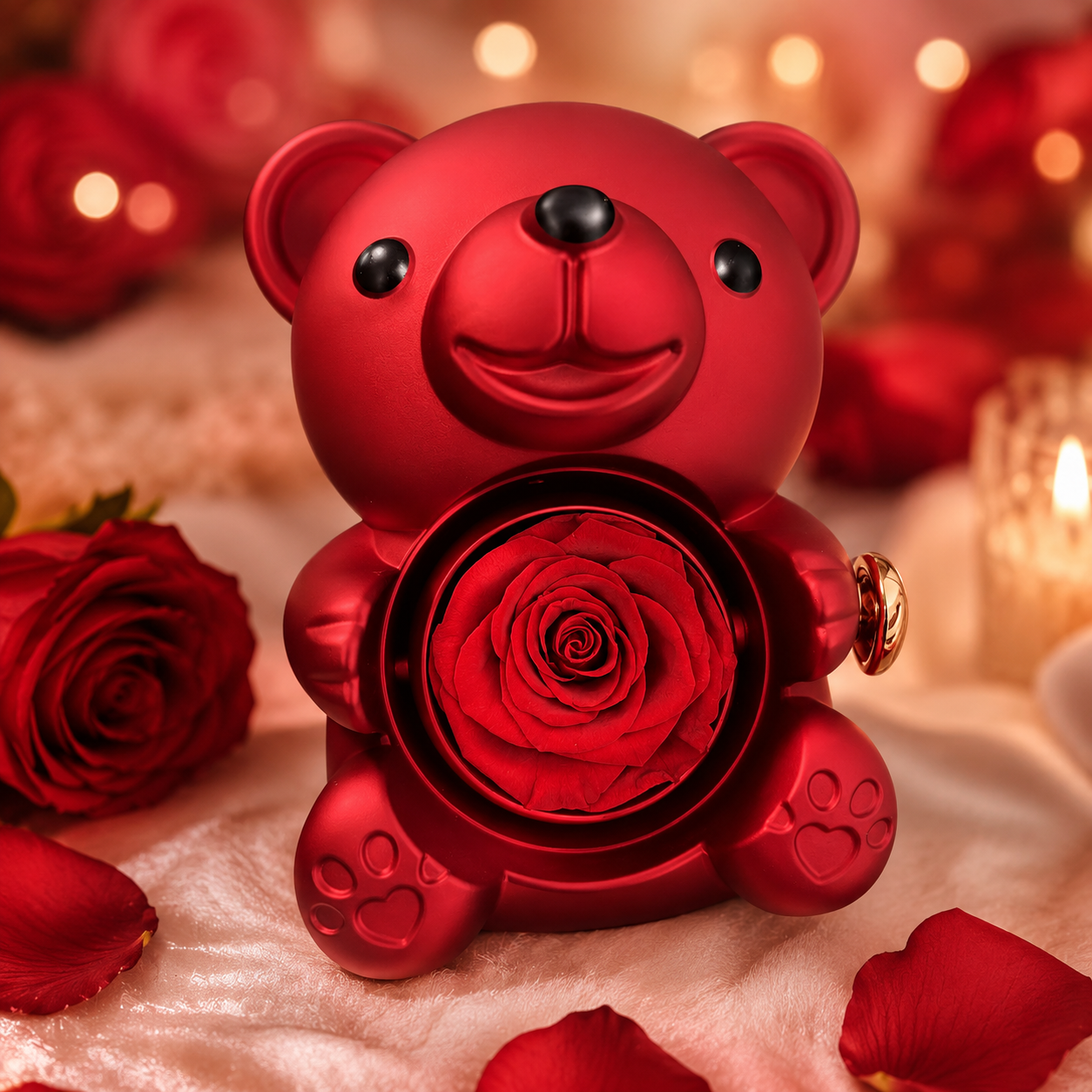 Luxury red teddy bear holding rose in glass dome with romantic gift bag and rose petals