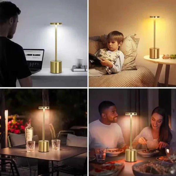 Collage of a gold table lamp in various settings with people using it.